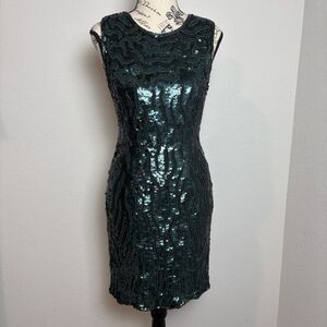Vtg Sean Collection M Heavily Beaded Dress 100%‎ Pure Silk Green Formal Evening